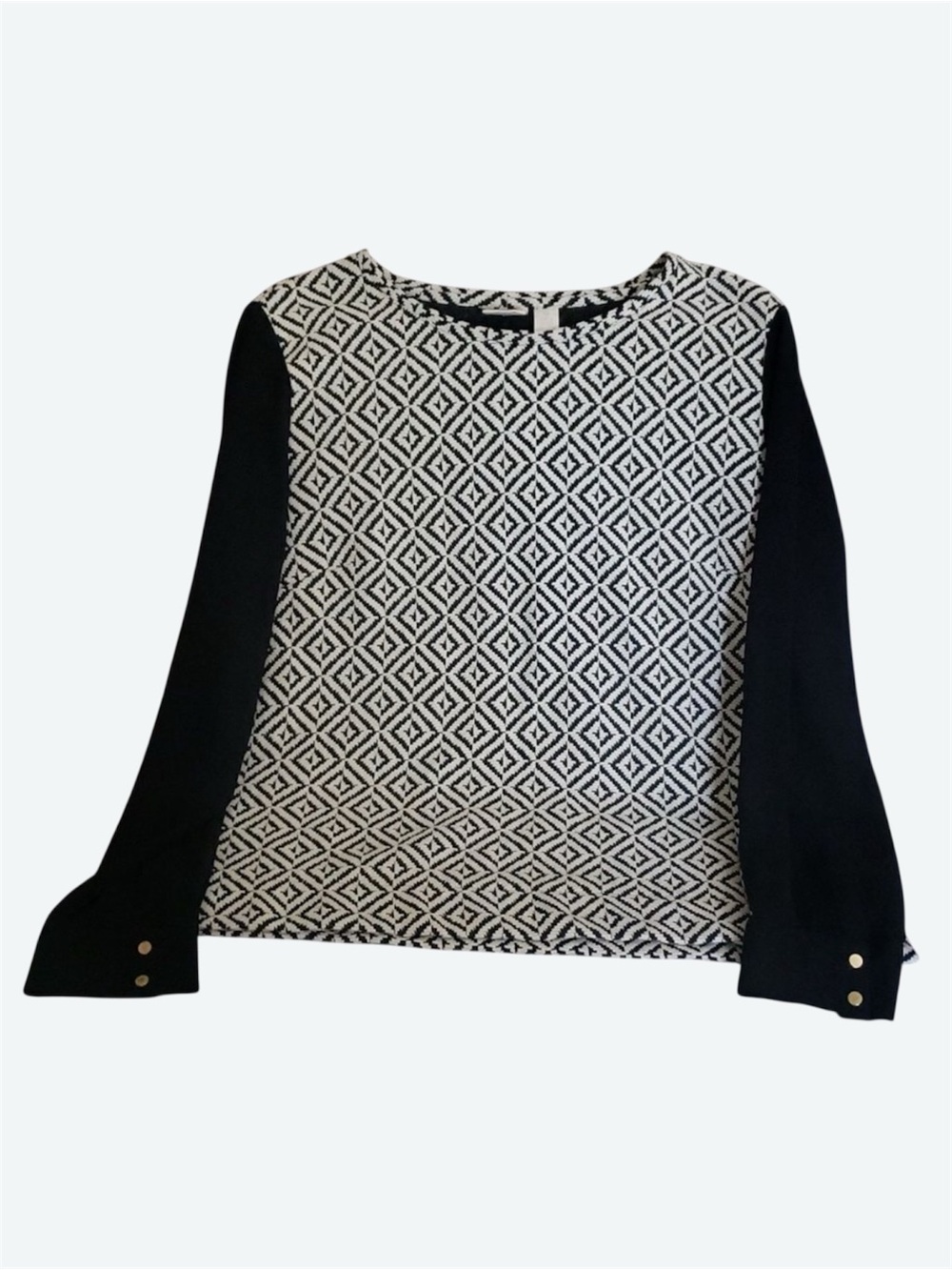 Chico's Sheer Sleeve women’s size large 12 white black textured Diamond Pattern